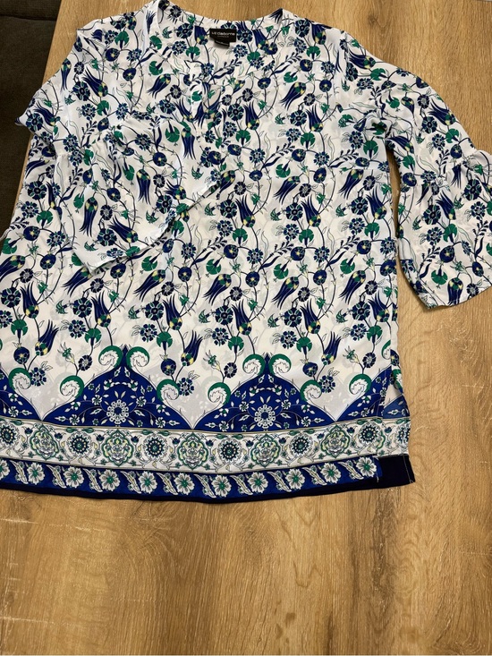 Liz Claiborne Tops - Liz Claiborne White Floral Border Print Tunic with Blue & Green Accents